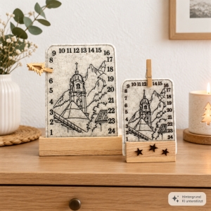 Stickdatei-ITH-Tischadventskalender-Dorf-Kirche-Berge-ab-10x10cm-Adventskalender-Bergliebe