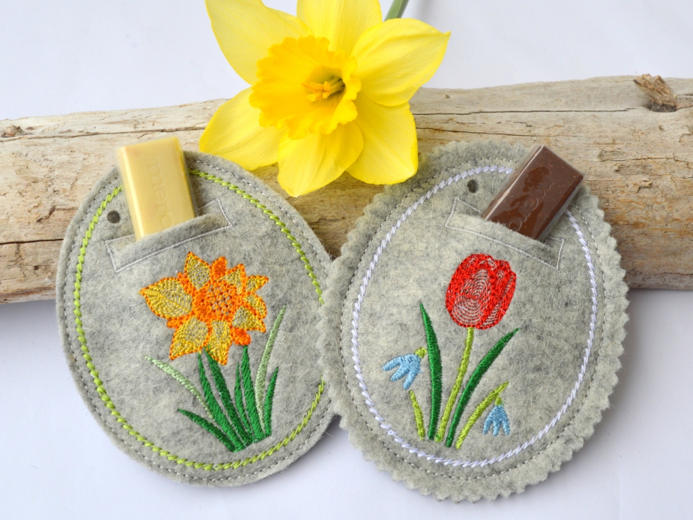 Bild 1 von ITH Stickdatei Geschenkanhänger Osterei für Glückwünsche mit Relief Blumen  / (Größe) 10x8cm