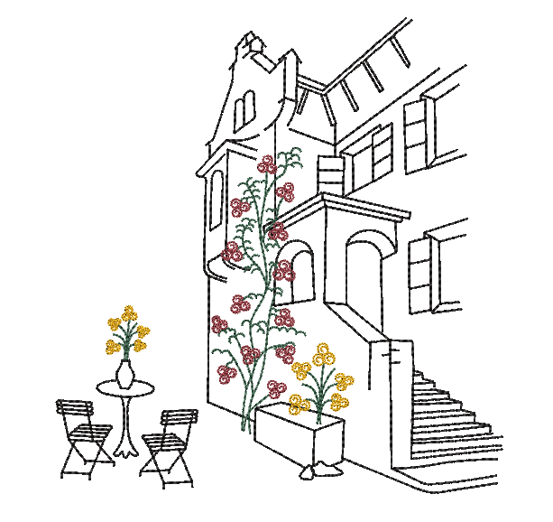 Bild 1 von Stickdatei toskanisches Haus Toskana Redwork mit Blumenranke Sommer  / (Lizenz) Standard