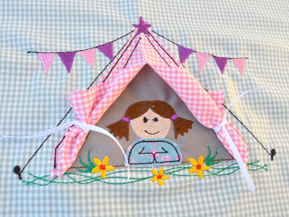 Bild 1 von Stickdatei Zelt doodle mit 3D Zelteingang, Camping, wir gehen zelten 16x26cm Rahmen